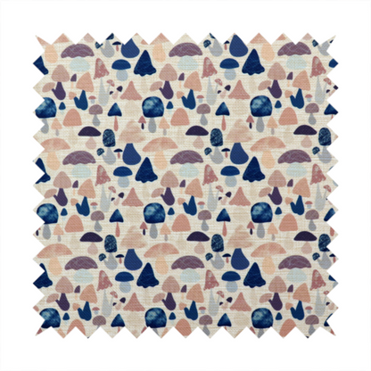 A repeating pattern of various stylized mushrooms in shades of blue, purple, and tan, set against a light-toned, textured background.