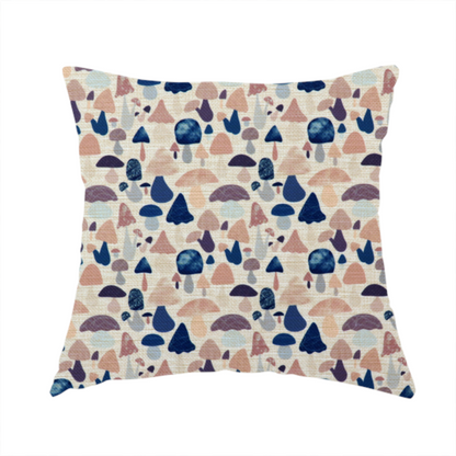 The fabric used to create this handmade cushion is a repeating pattern of various stylized mushrooms in shades of blue, purple, and tan, set against a light-toned, textured background.