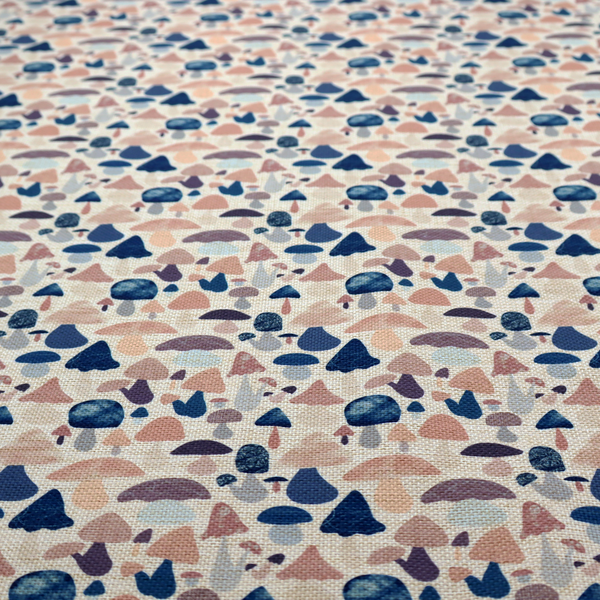 A repeating pattern of various stylized mushrooms in shades of blue, purple, and tan, set against a light-toned, textured background.