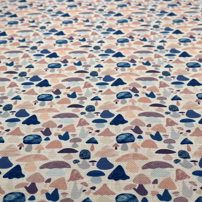 A repeating pattern of various stylized mushrooms in shades of blue, purple, and tan, set against a light-toned, textured background.