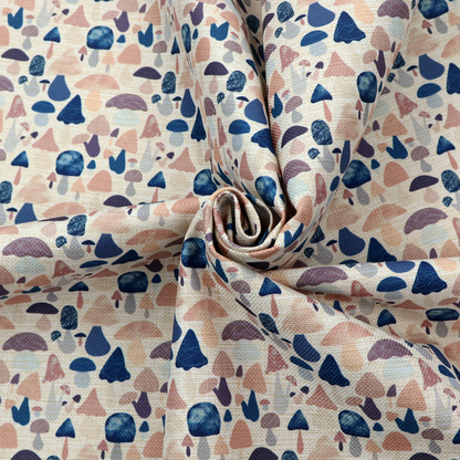 A repeating pattern of various stylized mushrooms in shades of blue, purple, and tan, set against a light-toned, textured background.