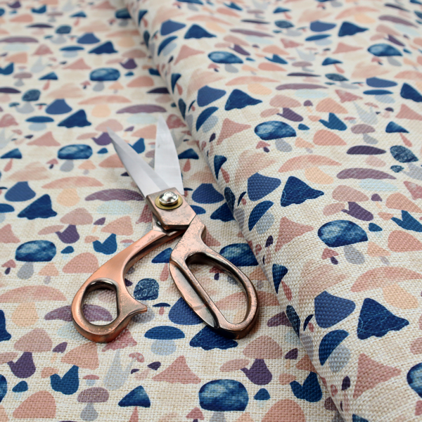 A repeating pattern of various stylized mushrooms in shades of blue, purple, and tan, set against a light-toned, textured background.