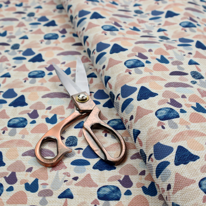 A repeating pattern of various stylized mushrooms in shades of blue, purple, and tan, set against a light-toned, textured background.