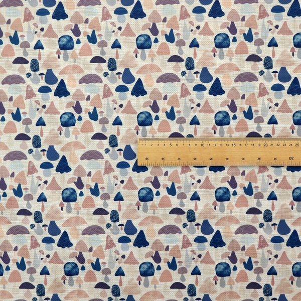 A repeating pattern of various stylized mushrooms in shades of blue, purple, and tan, set against a light-toned, textured background.