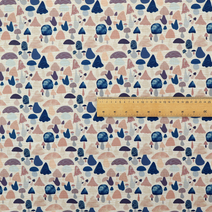 A repeating pattern of various stylized mushrooms in shades of blue, purple, and tan, set against a light-toned, textured background.