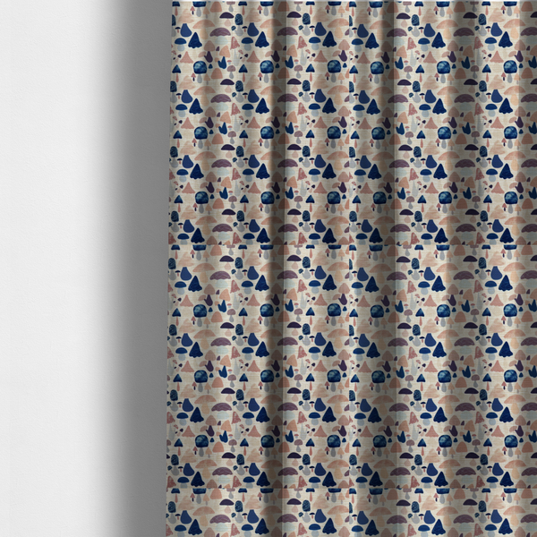 The fabric used to create these made-to-measure curtains is a repeating pattern of various stylized mushrooms in shades of blue, purple, and tan, set against a light-toned, textured background.