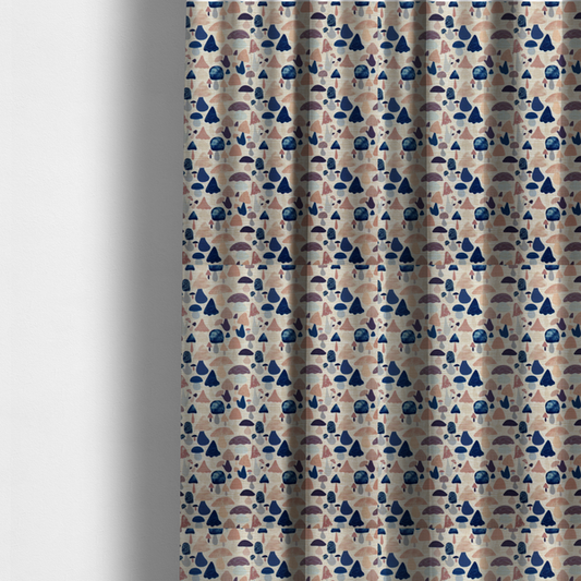 The fabric used to create these made-to-measure curtains is a repeating pattern of various stylized mushrooms in shades of blue, purple, and tan, set against a light-toned, textured background.