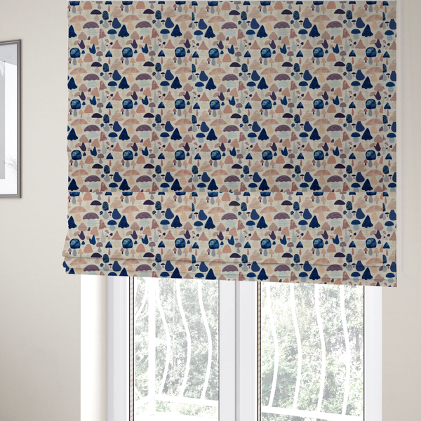 The fabric used to create these Roman blinds is a repeating pattern of various stylized mushrooms in shades of blue, purple, and tan, set against a light-toned, textured background.