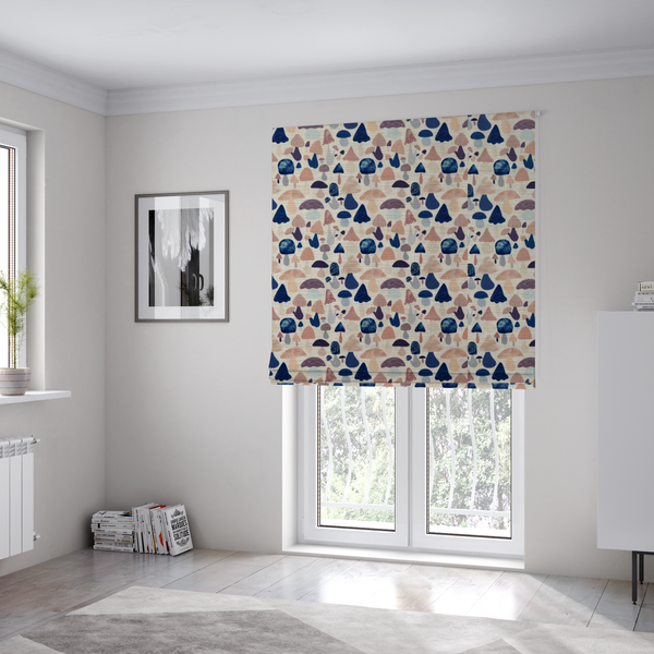 The fabric used to create these Roman blinds is a repeating pattern of various stylized mushrooms in shades of blue, purple, and tan, set against a light-toned, textured background.