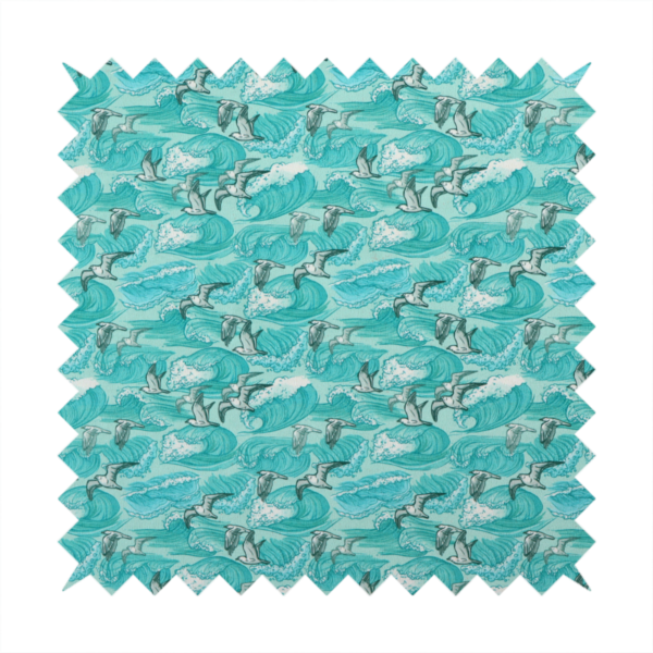 A repeating pattern of crashing ocean waves and soaring seagulls rendered in shades of teal and white.