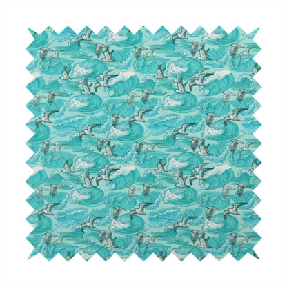 A repeating pattern of crashing ocean waves and soaring seagulls rendered in shades of teal and white.