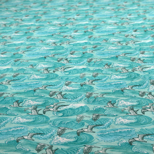 A repeating pattern of crashing ocean waves and soaring seagulls rendered in shades of teal and white.