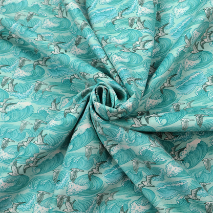 A repeating pattern of crashing ocean waves and soaring seagulls rendered in shades of teal and white.