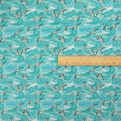 A repeating pattern of crashing ocean waves and soaring seagulls rendered in shades of teal and white.