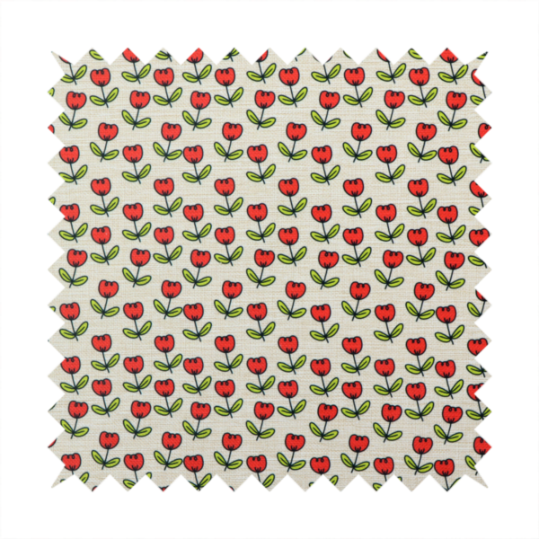 A repeating pattern of small red tulips with green stems and leaves, set against a light-toned, textured background.