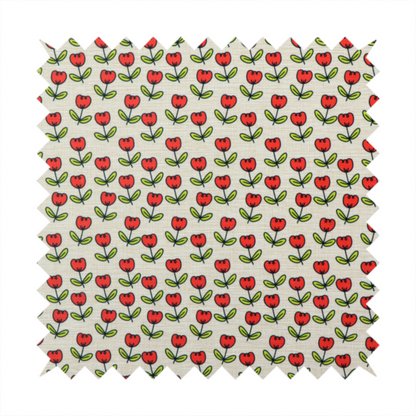 A repeating pattern of small red tulips with green stems and leaves, set against a light-toned, textured background.