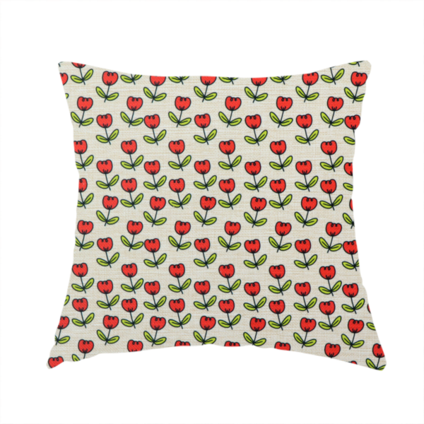 The fabric used to create this handmade cushion is a repeating pattern of small red tulips with green stems and leaves, set against a light-toned, textured background.