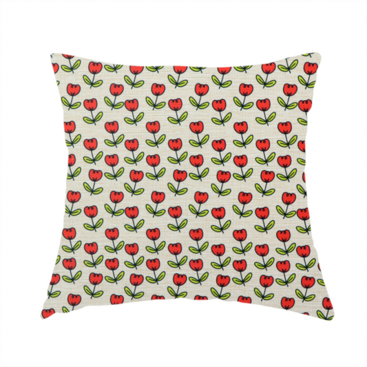 The fabric used to create this handmade cushion is a repeating pattern of small red tulips with green stems and leaves, set against a light-toned, textured background.