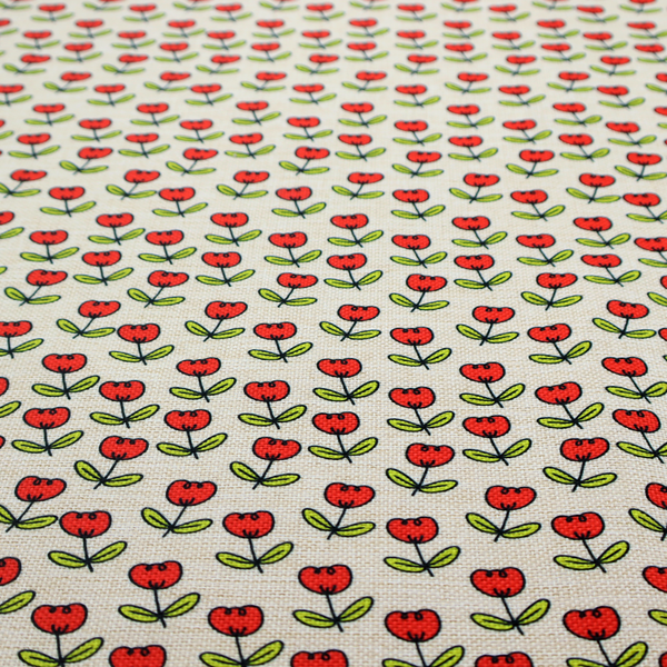 A repeating pattern of small red tulips with green stems and leaves, set against a light-toned, textured background.