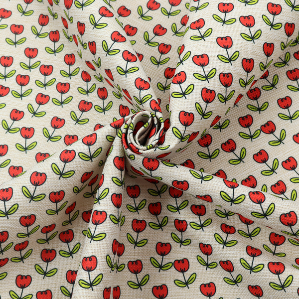 A repeating pattern of small red tulips with green stems and leaves, set against a light-toned, textured background.
