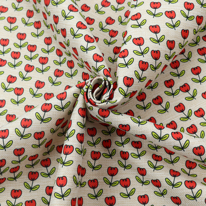 A repeating pattern of small red tulips with green stems and leaves, set against a light-toned, textured background.