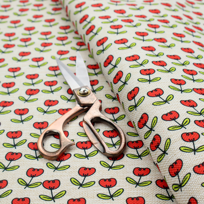 A repeating pattern of small red tulips with green stems and leaves, set against a light-toned, textured background.
