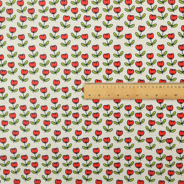 A repeating pattern of small red tulips with green stems and leaves, set against a light-toned, textured background.