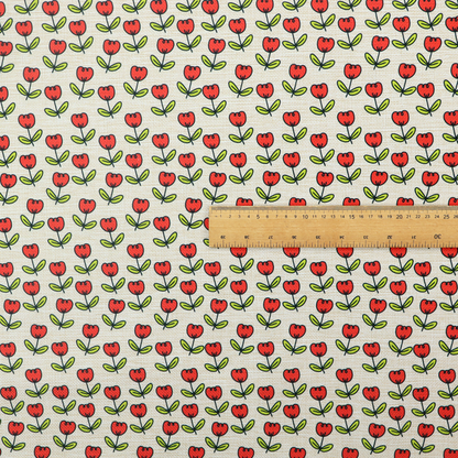 A repeating pattern of small red tulips with green stems and leaves, set against a light-toned, textured background.