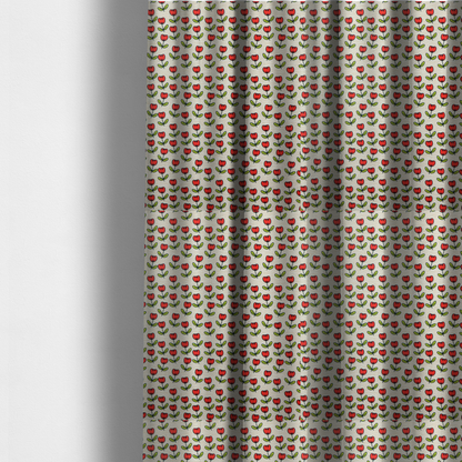 The fabric used to create these made-to-measure curtains is a repeating pattern of small red tulips with green stems and leaves, set against a light-toned, textured background.