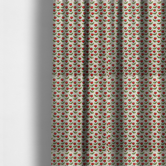The fabric used to create these made-to-measure curtains is a repeating pattern of small red tulips with green stems and leaves, set against a light-toned, textured background.