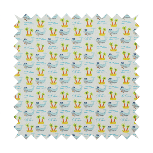 A repeating pattern of small blue whales wearing captain's hats swimming near tiny tropical islands with palm trees, set against a light grey background with small blue wave lines.