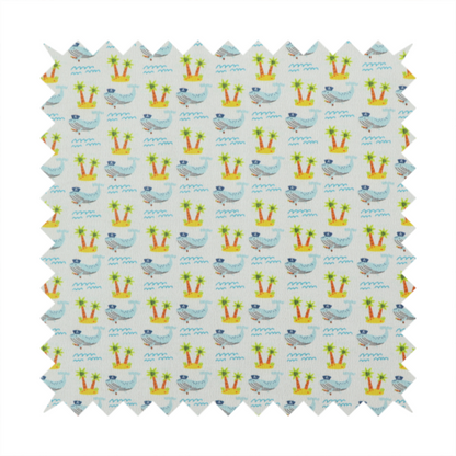 A repeating pattern of small blue whales wearing captain's hats swimming near tiny tropical islands with palm trees, set against a light grey background with small blue wave lines.