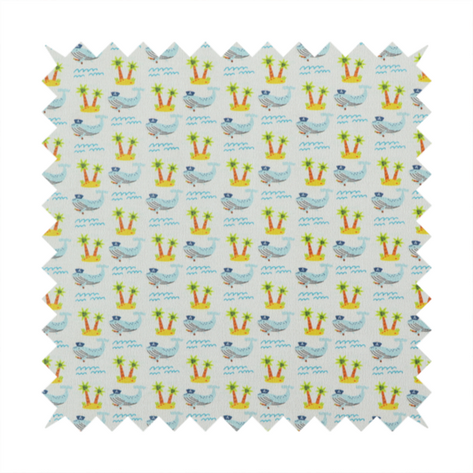 A repeating pattern of small blue whales wearing captain's hats swimming near tiny tropical islands with palm trees, set against a light grey background with small blue wave lines.
