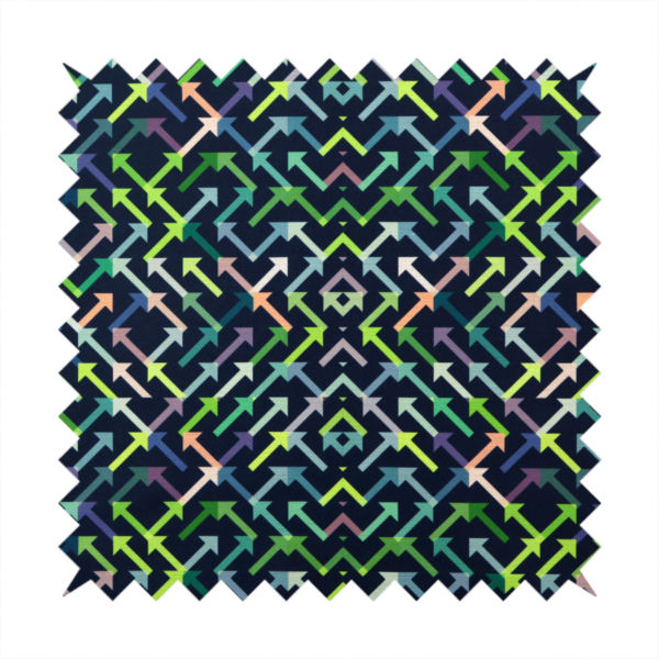 A geometric repeating pattern of intersecting lines and arrows in shades of green, blue, and peach, set against a dark navy background.