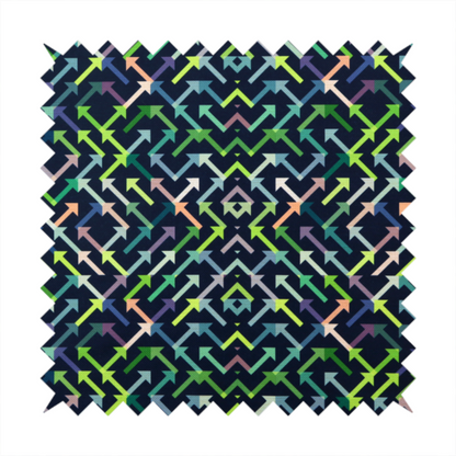 A geometric repeating pattern of intersecting lines and arrows in shades of green, blue, and peach, set against a dark navy background.