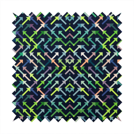A geometric repeating pattern of intersecting lines and arrows in shades of green, blue, and peach, set against a dark navy background.