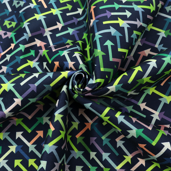 A geometric repeating pattern of intersecting lines and arrows in shades of green, blue, and peach, set against a dark navy background.