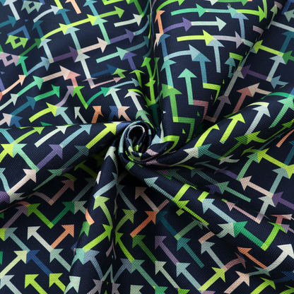 A geometric repeating pattern of intersecting lines and arrows in shades of green, blue, and peach, set against a dark navy background.