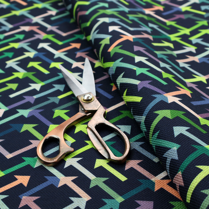 A geometric repeating pattern of intersecting lines and arrows in shades of green, blue, and peach, set against a dark navy background.