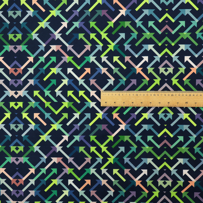 A geometric repeating pattern of intersecting lines and arrows in shades of green, blue, and peach, set against a dark navy background.