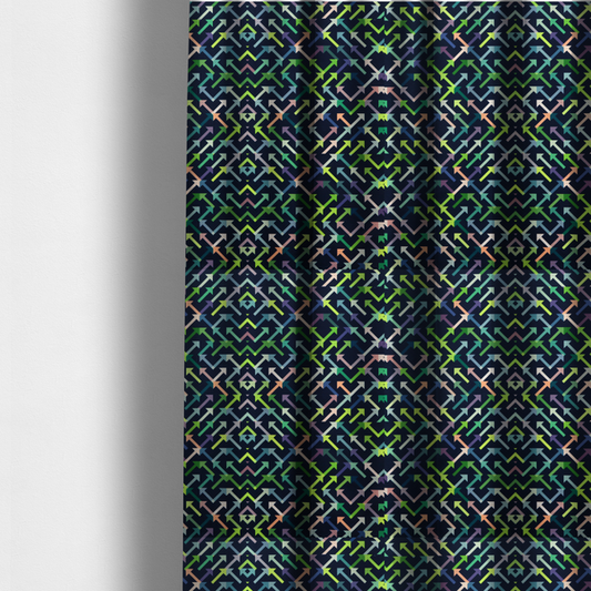 The fabric used to create these made-to-measure curtains is a geometric repeating pattern of intersecting lines and arrows in shades of green, blue, and peach, set against a dark navy background.