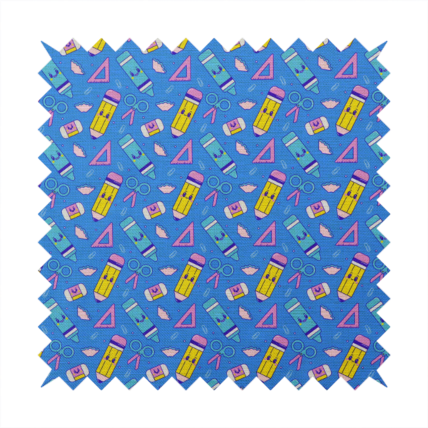 A repeating pattern of cute, kawaii-style school supplies including pencils, crayons, scissors, and rulers on a vibrant blue background.