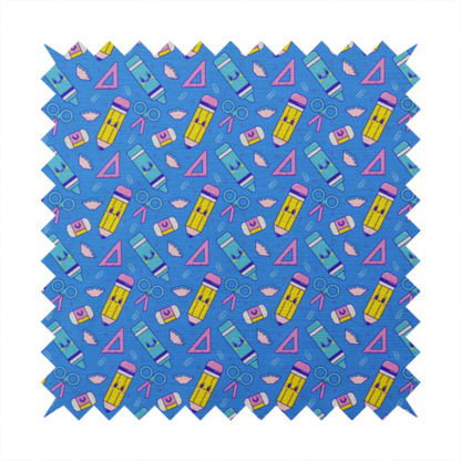 A repeating pattern of cute, kawaii-style school supplies including pencils, crayons, scissors, and rulers on a vibrant blue background.