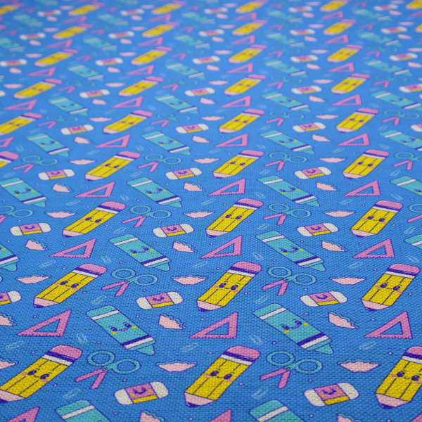A repeating pattern of cute, kawaii-style school supplies including pencils, crayons, scissors, and rulers on a vibrant blue background.