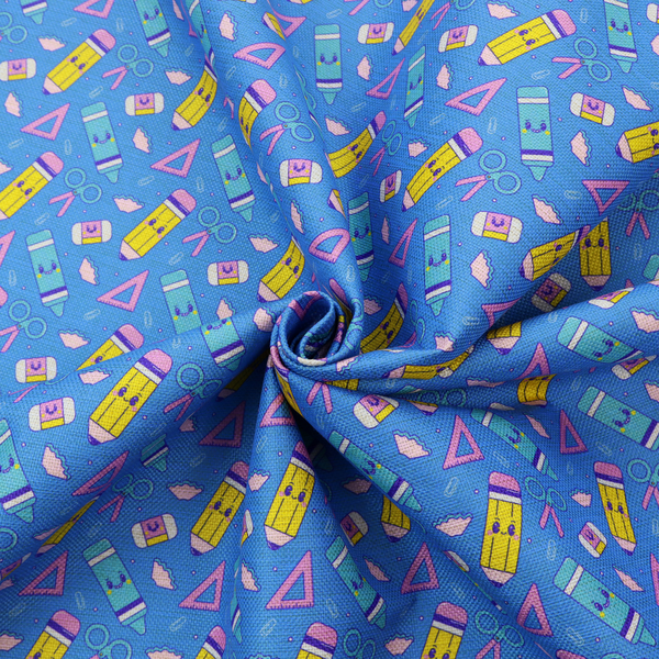 A repeating pattern of cute, kawaii-style school supplies including pencils, crayons, scissors, and rulers on a vibrant blue background.