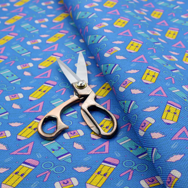 A repeating pattern of cute, kawaii-style school supplies including pencils, crayons, scissors, and rulers on a vibrant blue background.