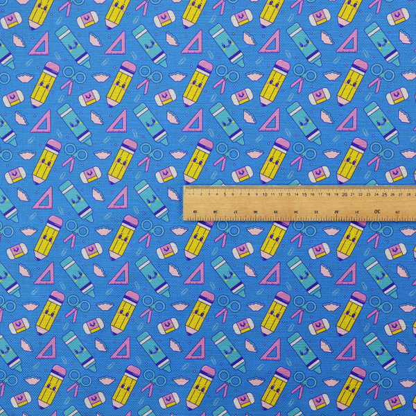 A repeating pattern of cute, kawaii-style school supplies including pencils, crayons, scissors, and rulers on a vibrant blue background.