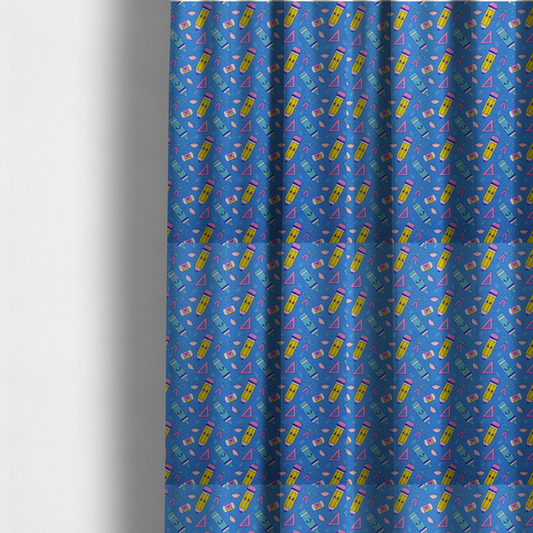 The fabric used to create these made-to-measure curtains is a repeating pattern of cute, kawaii-style school supplies including pencils, crayons, scissors, and rulers on a vibrant blue background.