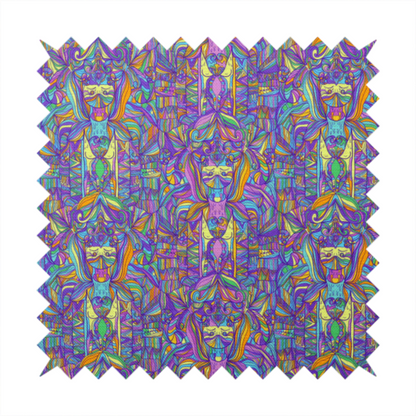 An intricate, psychedelic repeating pattern featuring abstract geometric shapes and stylized figures in vibrant shades of purple, blue, green, and orange.