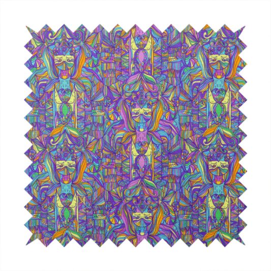 An intricate, psychedelic repeating pattern featuring abstract geometric shapes and stylized figures in vibrant shades of purple, blue, green, and orange.